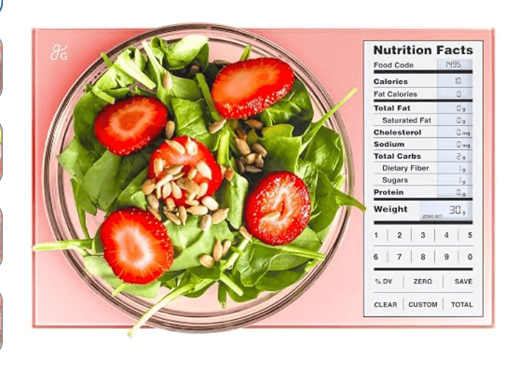Pink digital food scale with a salad bowl and nutrition display